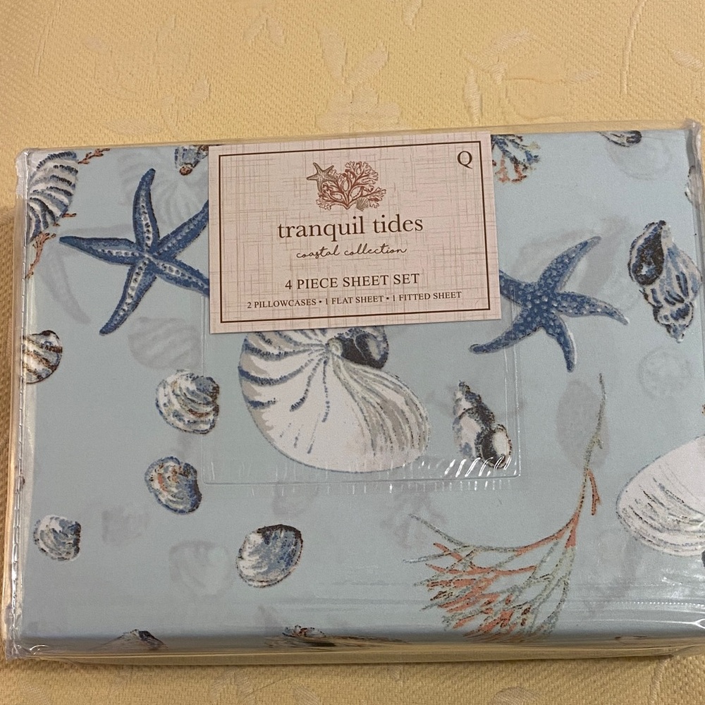 Tranquil Tides Coastal 4-Piece Sheet Set - Light Blue Shell & Starfish